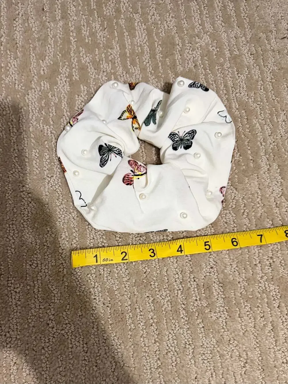 KAXI Butterfly Print Hair Scrunchie with Faux Pearl Embellishments